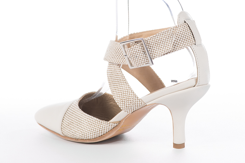 Off white women's open back shoes, with crossed straps. Round toe. High slim heel. Rear view - Florence KOOIJMAN